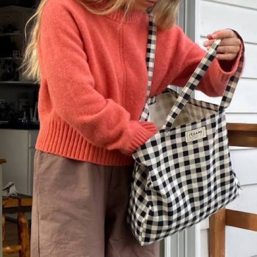 Sezane Vichy Blue white Checkered Tote NEW